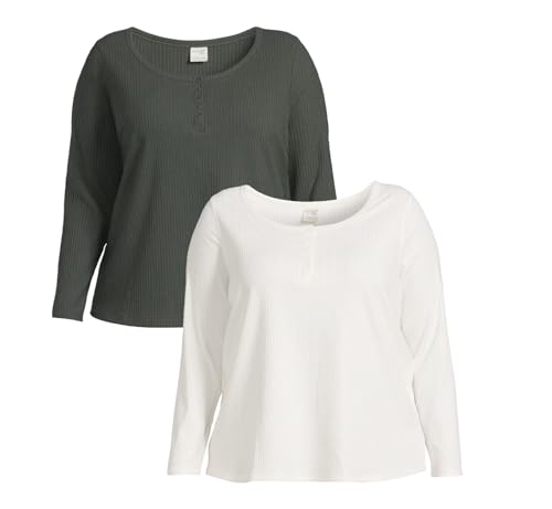 Terra's Sky Women's Plus Size Henley Rib Knit Jersey Top, 2-Pack, Winter White and Soot Black, 3X (24W-26W)
